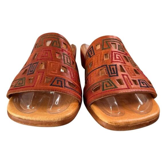 Pikolinos Leather Sandals Caramel Aztec Cutout Low Wedge Slides Size 7/38 - Picture 2 of 8